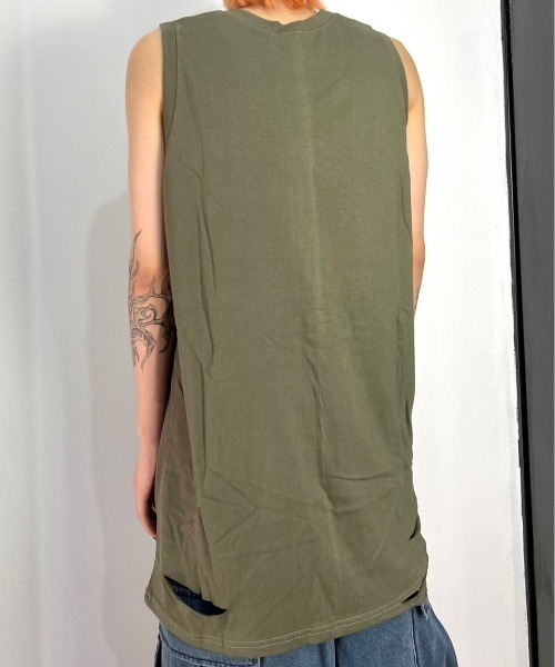 XU(エックスユー)の「韓国ファッション XU エックスユー damage sleeveless ダメージスリーブレス ダメージノースリーブ ダメージTシャツ(Tシャツ/カットソー・メンズ・ベージュ/ブラック/ホワイト/チャコールグレー/カーキ・ONE SIZE)」の7枚目の写真