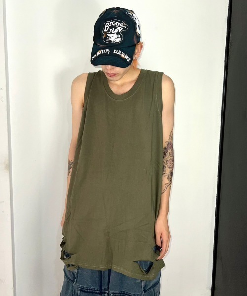 XU(エックスユー)の「韓国ファッション XU エックスユー damage sleeveless ダメージスリーブレス ダメージノースリーブ ダメージTシャツ(Tシャツ/カットソー・メンズ・ベージュ/ブラック/ホワイト/チャコールグレー/カーキ・ONE SIZE)」の8枚目の写真