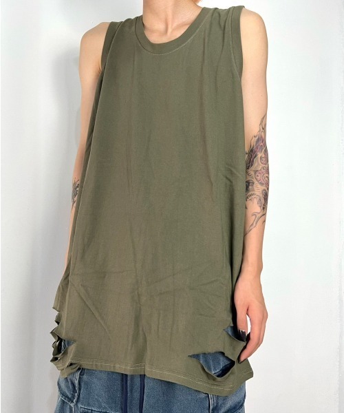 XU(エックスユー)の「韓国ファッション XU エックスユー damage sleeveless ダメージスリーブレス ダメージノースリーブ ダメージTシャツ(Tシャツ/カットソー・メンズ・ベージュ/ブラック/ホワイト/チャコールグレー/カーキ・ONE SIZE)」の13枚目の写真