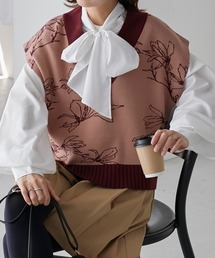 配色フラワーモチーフ ヴィンテージライクVネックニットべスト