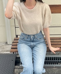パフスリーブモヘアタッチ半袖ニット