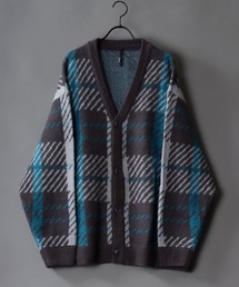SITRY | Balloon Sleeve Big silhouette Plaid Knit Cardigan/バルーンスリーブ ビッグシルエット チェック柄 ニット カーディガン/カーデ(カーディガン/ボレロ)