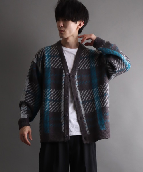 SITRY(シトリー)の「Balloon Sleeve Big silhouette Plaid Knit Cardigan/バルーンスリーブ ビッグシルエット チェック柄 ニット カーディガン/カーデ(カーディガン/ボレロ・メンズ・グレー/ブラック/ブラウン・M/L/XL)」の16枚目の写真