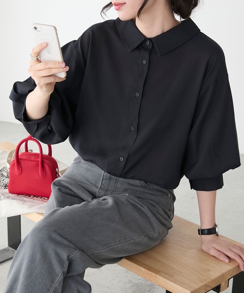 BONLECILL（ボンルシール）の「2wayシャンブレーボリュームハーフスリーブレースアップブラウス（シャツ/ブラウス・レディース・ネイビー/ピンク/ブルー/ブラック/アイボリー・FREE）」の13枚目の写真