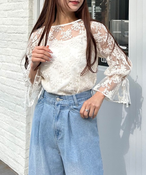 INGNI(イング)の「袖口リボンチュール刺しゅうレース/キャミSET(シャツ/ブラウス・レディース・ブラック/オフホワイト・M)」の3枚目の写真