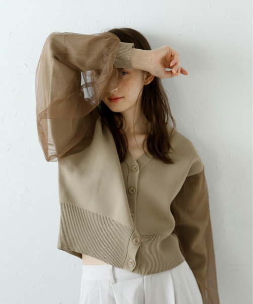 MINERTE(ミネルテ)の「【MINERTE】tulle sleeve cropped cardigan / チュールスリーブクロップドカーディガン(カーディガン/ボレロ・レディース・グレー/ブラウン/ベージュ・FREE)」の3枚目の写真