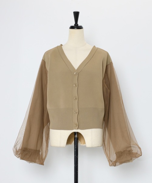 カーディガン TULLE SLEEVE KNIT CARDIGAN/チュールスリーブニットカーディガン レディース セール】TULLE SLEEVE KNIT CARDIGAN/チュールスリーブニット