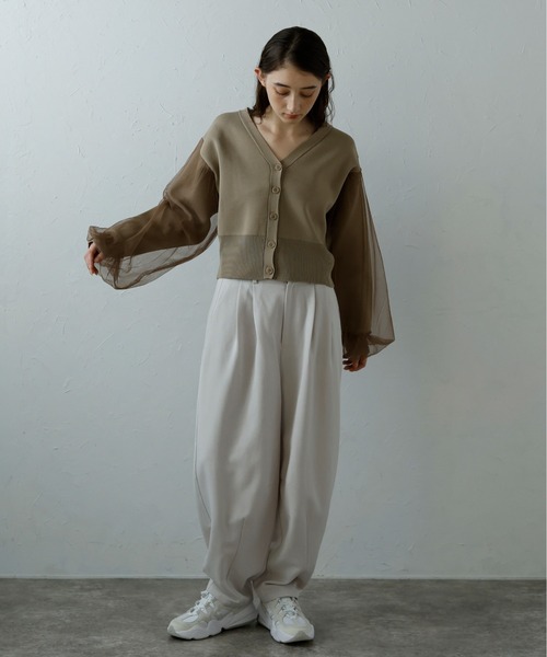 カーディガン TULLE SLEEVE KNIT CARDIGAN/チュールスリーブニットカーディガン レディース セール】TULLE SLEEVE KNIT CARDIGAN/チュールスリーブニット