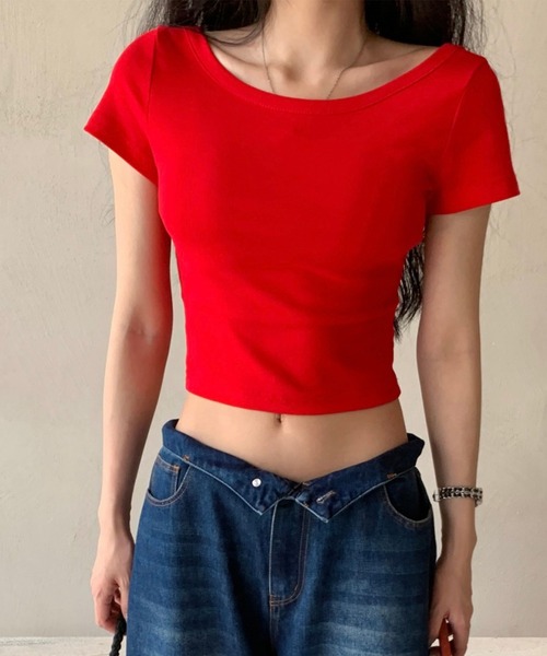 [ ] オープンバッククロップドTシャツ ★大人気★ セール】バックオープンクロップドTシャツ（Tシャツ/カットソー