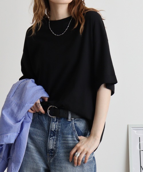 atONE(アットワン)の「ロールアップハーフスリーブカットソーロールアップ ビッグTシャツ(Tシャツ/カットソー・レディース・杢グレー/カーキ/ブラック・LL~3L/4L~5L/M-L)」の2枚目の写真