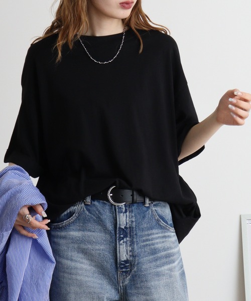 atONE(アットワン)の「ロールアップハーフスリーブカットソーロールアップ ビッグTシャツ(Tシャツ/カットソー・レディース・杢グレー/カーキ/ブラック・LL~3L/4L~5L/M-L)」の11枚目の写真