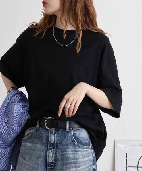 atONE(アットワン)の「ロールアップハーフスリーブカットソーロールアップ ビッグTシャツ(Tシャツ/カットソー・レディース・杢グレー/カーキ/ブラック・LL~3L/4L~5L/M-L)」の12枚目の写真