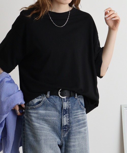 atONE(アットワン)の「ロールアップハーフスリーブカットソーロールアップ ビッグTシャツ(Tシャツ/カットソー・レディース・杢グレー/カーキ/ブラック・LL~3L/4L~5L/M-L)」の13枚目の写真