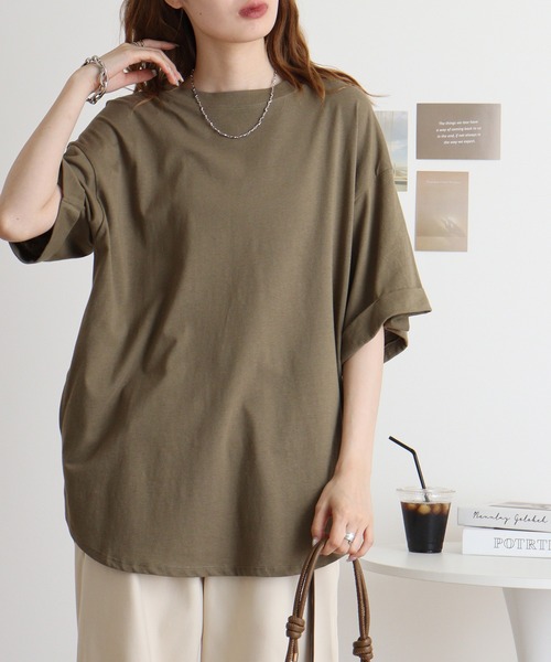 atONE(アットワン)の「ロールアップハーフスリーブカットソーロールアップ ビッグTシャツ(Tシャツ/カットソー・レディース・杢グレー/カーキ/ブラック・LL~3L/4L~5L/M-L)」の21枚目の写真