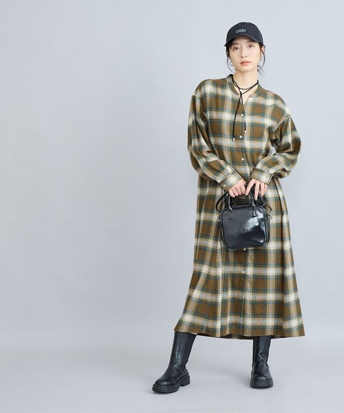coen(コーエン)の「オンブレチェックフレアシャツワンピース(ワンピース・レディース・ネイビー/ナチュラル/オリーブ・FREE)」の1枚目の写真