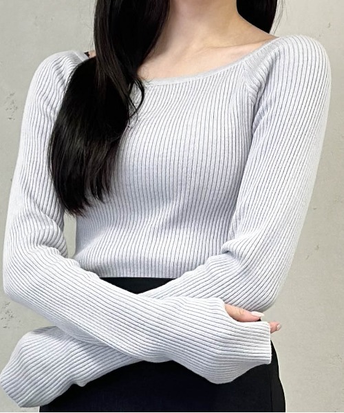 Per sist ence(パーシエンス)の「コットンアクリルオフショルダーリブニット(Tシャツ/カットソー・レディース・オフホワイト/ブラック/グレー・FREE)」の3枚目の写真