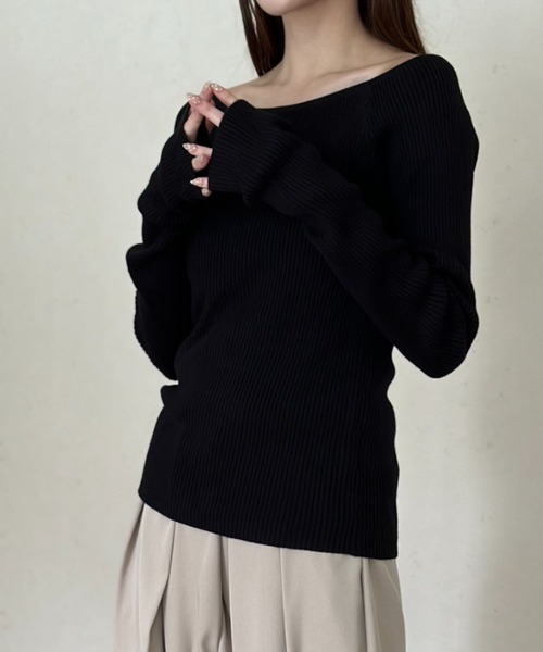 Per sist ence(パーシエンス)の「コットンアクリルオフショルダーリブニット(Tシャツ/カットソー・レディース・オフホワイト/ブラック/グレー・FREE)」の9枚目の写真