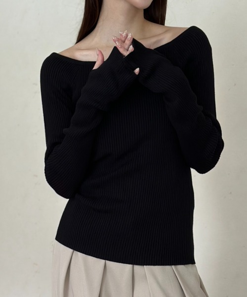 Per sist ence(パーシエンス)の「コットンアクリルオフショルダーリブニット(Tシャツ/カットソー・レディース・オフホワイト/ブラック/グレー・FREE)」の20枚目の写真