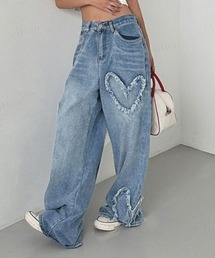 韓国ファッション Y3K Y2K ハートフリンジデザインワイドデニムパンツ