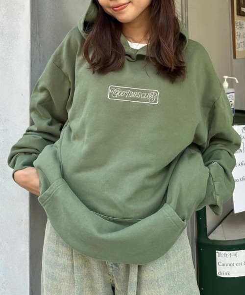 HTH ロゴ パーカー グリーン USA cotton good times club hoodie(パーカー)|HTH(エイチ