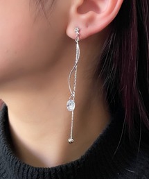 3連ジュエルロングチェーン & ウェーブライン ドロップピアス (両耳用)