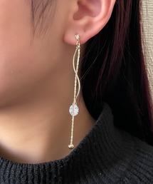 3連ジュエルロングチェーン & ウェーブライン ドロップピアス (両耳用)