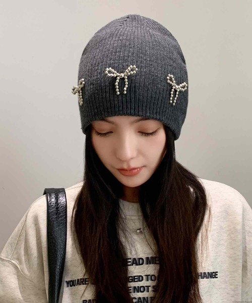 pur chouchou/リボン付き ニット帽 P4376（ニットキャップ/ビーニー