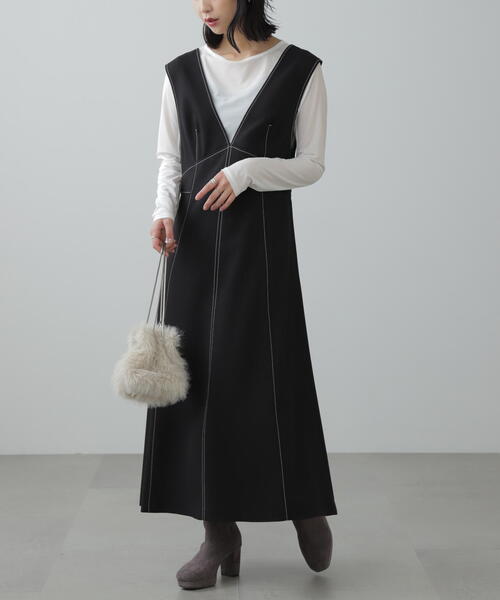 FREE'S MART（フリーズマート）の「◆配色ステッチジャンスカ（ジャンパースカート・レディース・ベージュ/ブラック/グレー・SMALL/MEDIUM）」の8枚目の写真