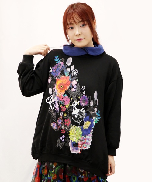 【セール】143722：ネコ花柄モックネック裏毛ワンピース（Tシャツ/カットソー）｜ScoLar（スカラー）