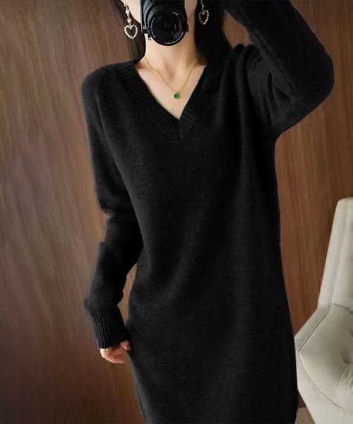 blackdia ocean（ブラックダイヤオーシャン）の「blackdia ocean Vネックニットワンピース（ワンピース・レディース・ベージュ/ブラック/ライトブラウン/ブルー・FREE）」の5枚目の写真
