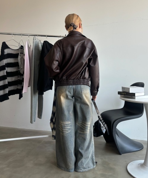 SHAGGIE（シャギー）の「スタンドネックしわ加工レザージャケット/ブルゾン（ブルゾン・レディース・ブラック/ブラウン・FREE）」の5枚目の写真