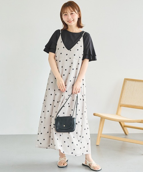 麻調合繊ドットキャミワンピース｜大人が着たいドット柄/水玉/リネン