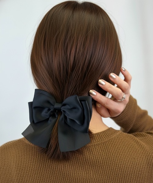 サテンビッグリボンフックポニー ヘアカフ（バレッタ/ヘアクリップ