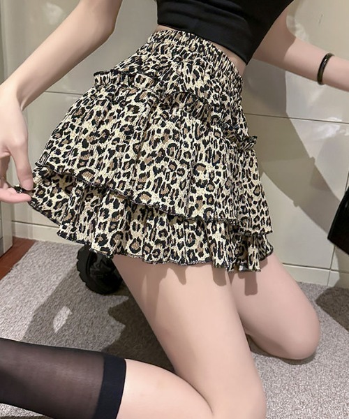 lilful（リルフル）の「【インパン付き】フリルティアードミニスカート レオパード ヒョウ柄（スカート・レディース・ホワイト/ブラウン/ブラック・F）」の6枚目の写真