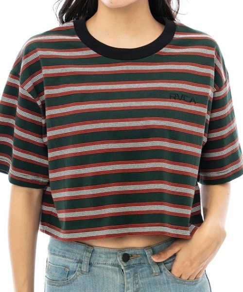 RVCA(ルーカ)の「【RVCA/ルーカ】23SS SUNRISE BE CROP SS/ボーダーショート丈半袖Tシャツ(Tシャツ/カットソー・レディース・ブラック系その他/グレー系その他・MEDIUM/SMALL)」の1枚目の写真