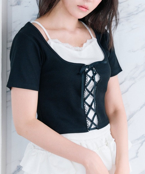tシャツ レースアップレイヤードカットソー レディース Ada. tシャツ レイヤード風 フロント レースアップ カットソー