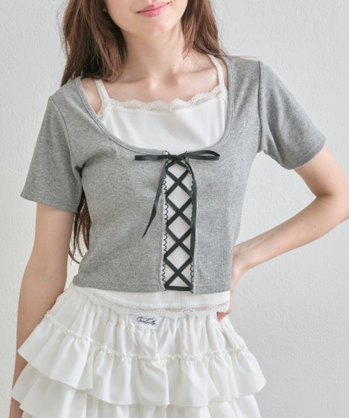 tシャツ レースアップレイヤードカットソー レディース セール】レースアップレイヤードトップス（Tシャツ/カットソー