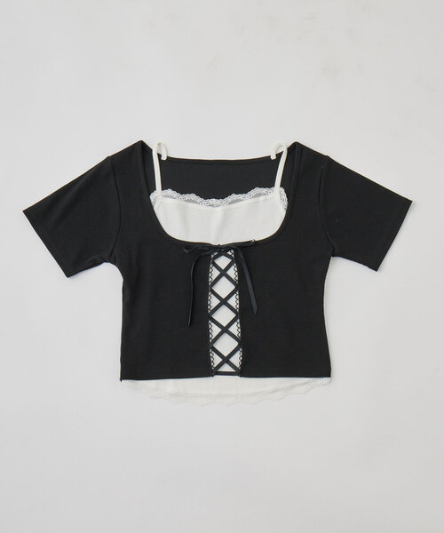 レースアップレイヤードカットソー セール】レースアップレイヤードトップス（Tシャツ/カットソー