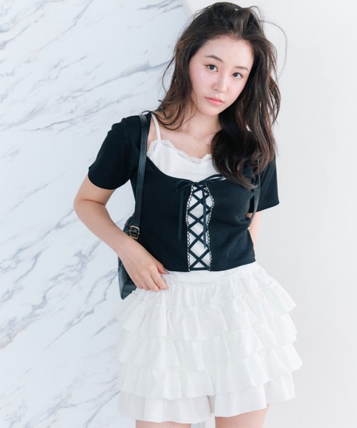セール】レースアップレイヤードトップス（Tシャツ/カットソー