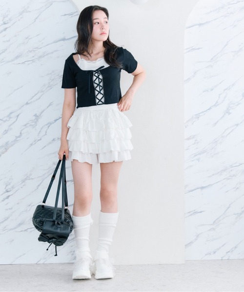 レースアップレイヤードカットソー セール】レースアップレイヤードトップス（Tシャツ/カットソー