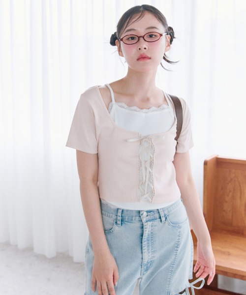 レースアップレイヤードカットソー セール】レースアップレイヤードトップス（Tシャツ/カットソー