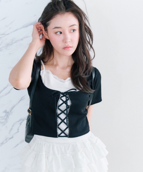 レースアップレイヤードカットソー セール】レースアップレイヤードトップス（Tシャツ/カットソー