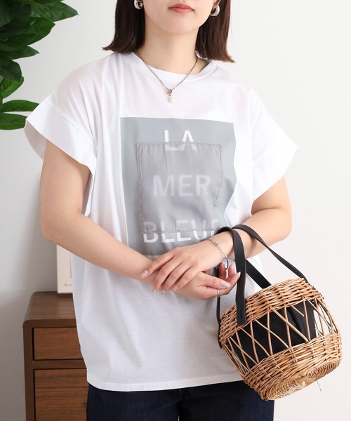 tシャツ EGLANTINE デニム加工ロゴ 半袖カットソー レディース セール】EGLANTINE デニム加工ロゴ 半袖カットソー（Tシャツ
