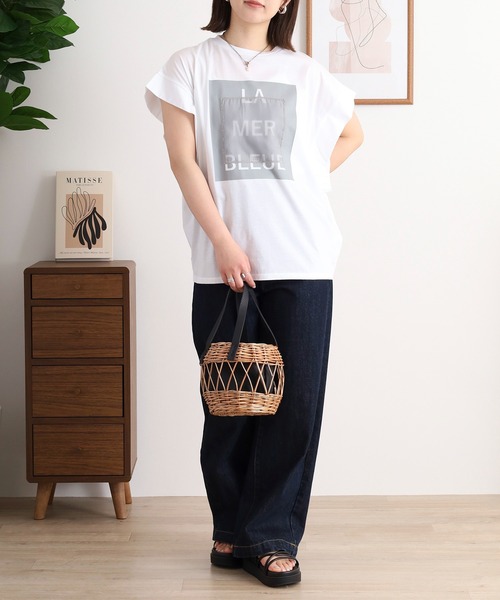 tシャツ EGLANTINE オーガンジー切替5分袖ロゴカットソー レディース セール】EGLANTINE オーガンジー切替5分袖ロゴカットソー（T