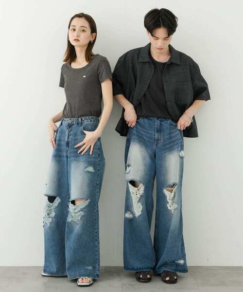 セール】『ユニセックス』ダメージデニムワイドパンツ（デニムパンツ
