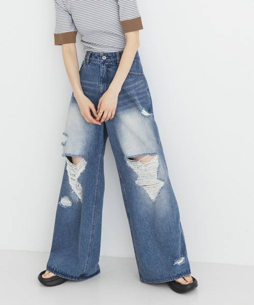 SENSE OF PLACE by URBAN RESEARCH（センスオブプレイスバイアーバンリサーチ）の「『ユニセックス』ダメージデニムワイドパンツ（デニムパンツ・メンズ・インディゴブルー/ブラック・MEDIUM/LARGE）」の5枚目の写真