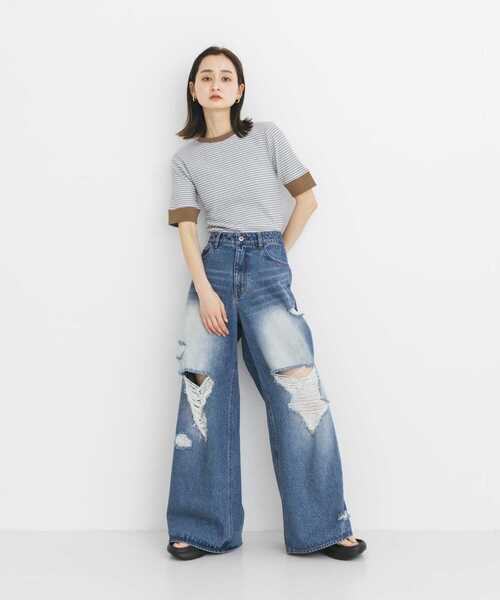 SENSE OF PLACE by URBAN RESEARCH（センスオブプレイスバイアーバンリサーチ）の「『ユニセックス』ダメージデニムワイドパンツ（デニムパンツ・メンズ・インディゴブルー/ブラック・MEDIUM/LARGE）」の6枚目の写真