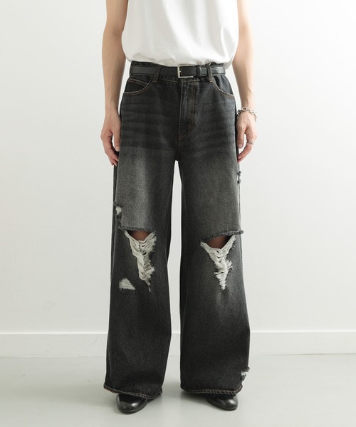 SENSE OF PLACE by URBAN RESEARCH（センスオブプレイスバイアーバンリサーチ）の「『ユニセックス』ダメージデニムワイドパンツ（デニムパンツ・メンズ・インディゴブルー/ブラック・MEDIUM/LARGE）」の21枚目の写真