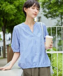 五分袖」に該当するレディースのシャツ/ブラウス（ブルー