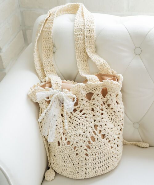 ems excite（エムズエキサイト）の「クロシェ巾着バッグ（ショルダーバッグ・レディース・ブラウン/オフホワイト・ONE SIZE）」の5枚目の写真